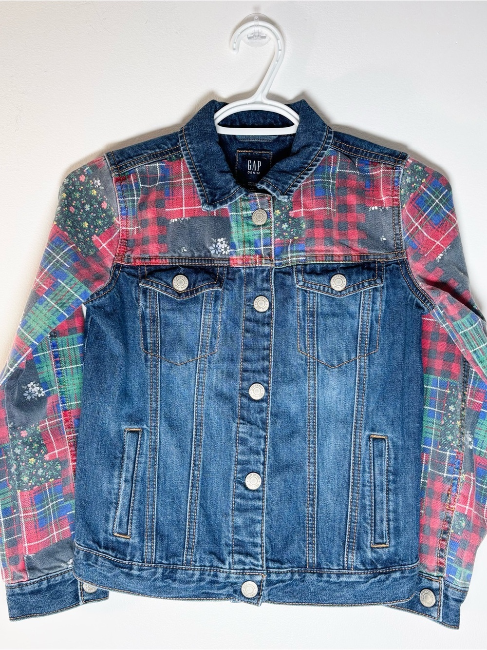 Gap Kids Girls Plaid Patchwork Denim Icon Jean Jacket Festive Holiday